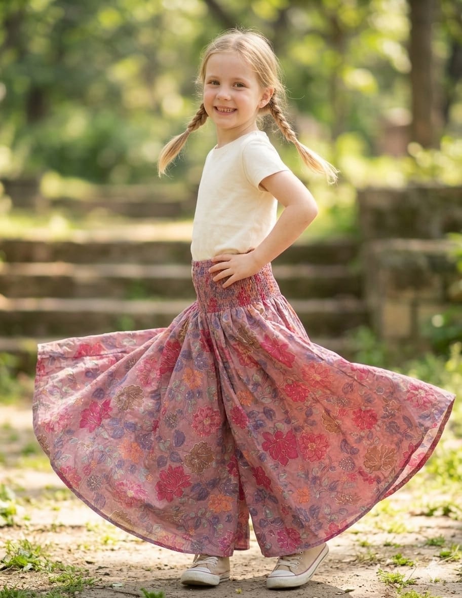 Baby Girl Spring Onion Floral Printed Cotton Flared Palazzo Pants with Smocked Waist