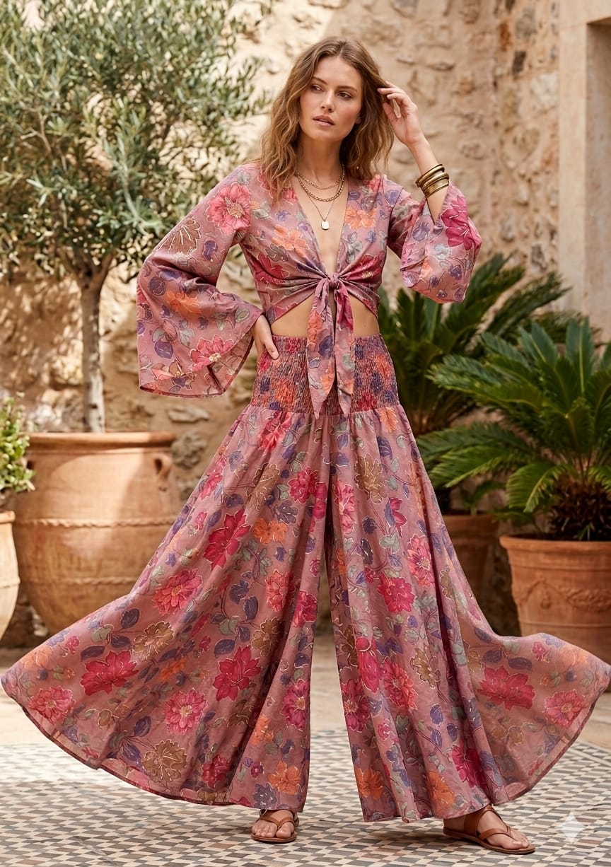 Women’s Spring Onion Printed Cotton Tie-Front Crop Top & Flared Palazzo Pant Co-ord Set