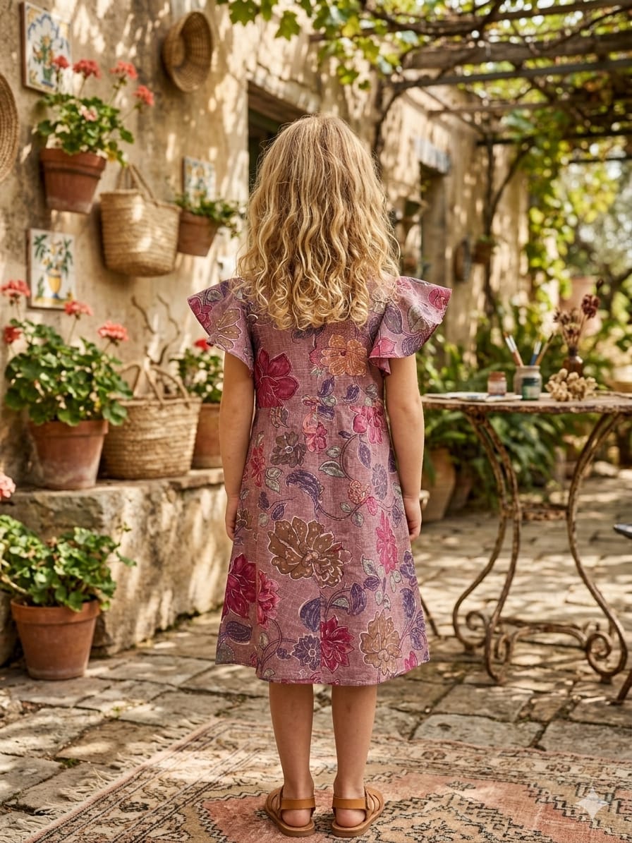 Baby Girls Spring Onion Floral Printed Cotton Umbrella Style A-Line Dress with Flutter Sleeves