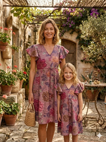 Mom & Me Spring Onion Floral Printed Cotton Umbrella Style A-Line Dress with Drawstring Waist