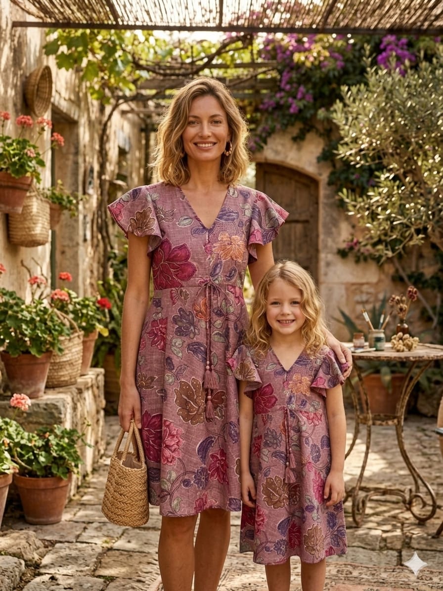 Mom & Me Spring Onion Floral Printed Cotton Umbrella Style A-Line Dress with Drawstring Waist