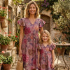 Mom & Me Spring Onion Floral Printed Cotton Umbrella Style A-Line Dress with Drawstring Waist