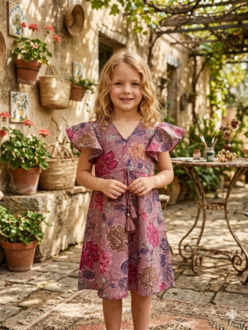 Baby Girls Spring Onion Floral Printed Cotton Umbrella Style A-Line Dress with Flutter Sleeves