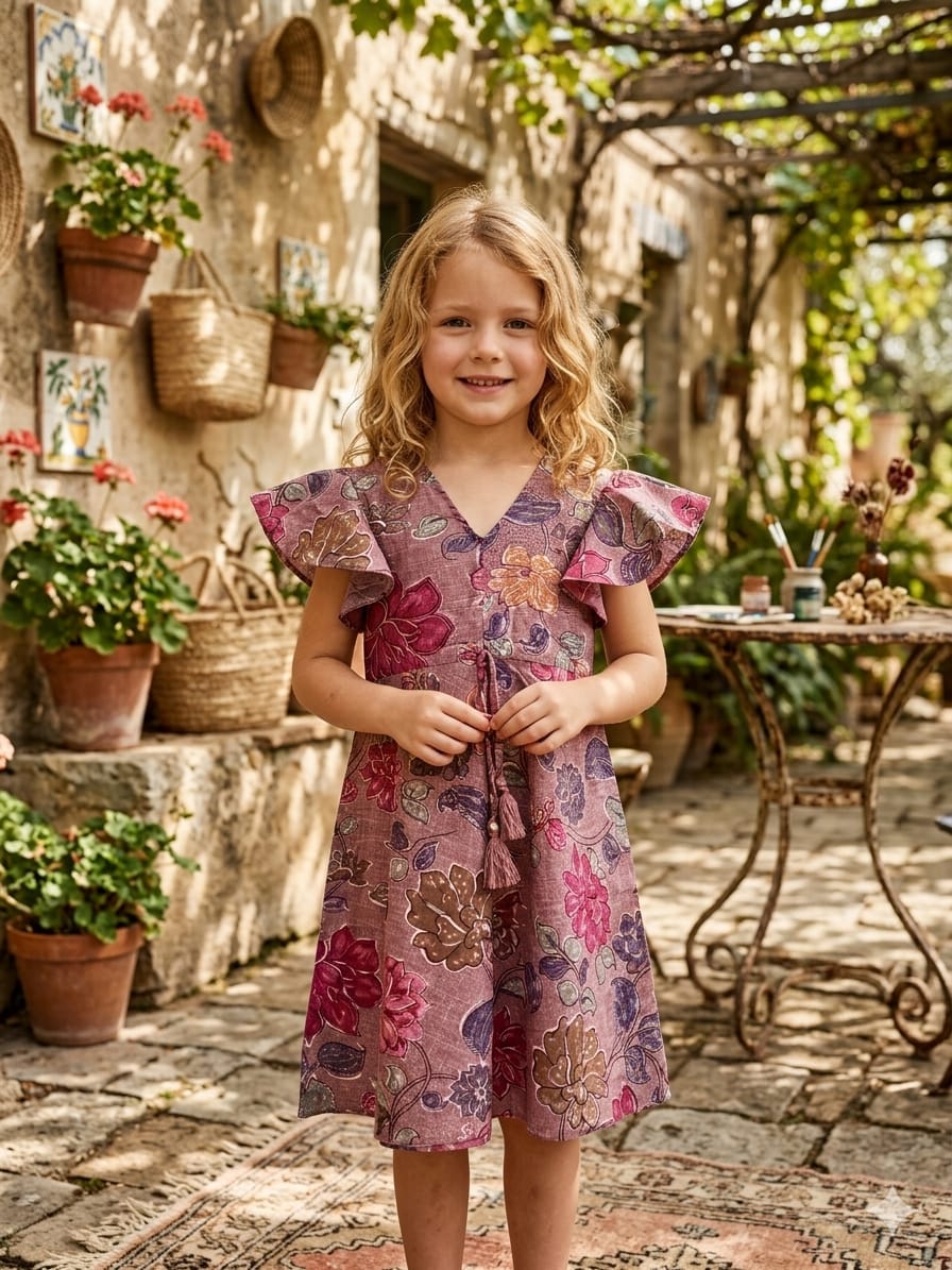 Mom & Me Spring Onion Floral Printed Cotton Umbrella Style A-Line Dress with Drawstring Waist