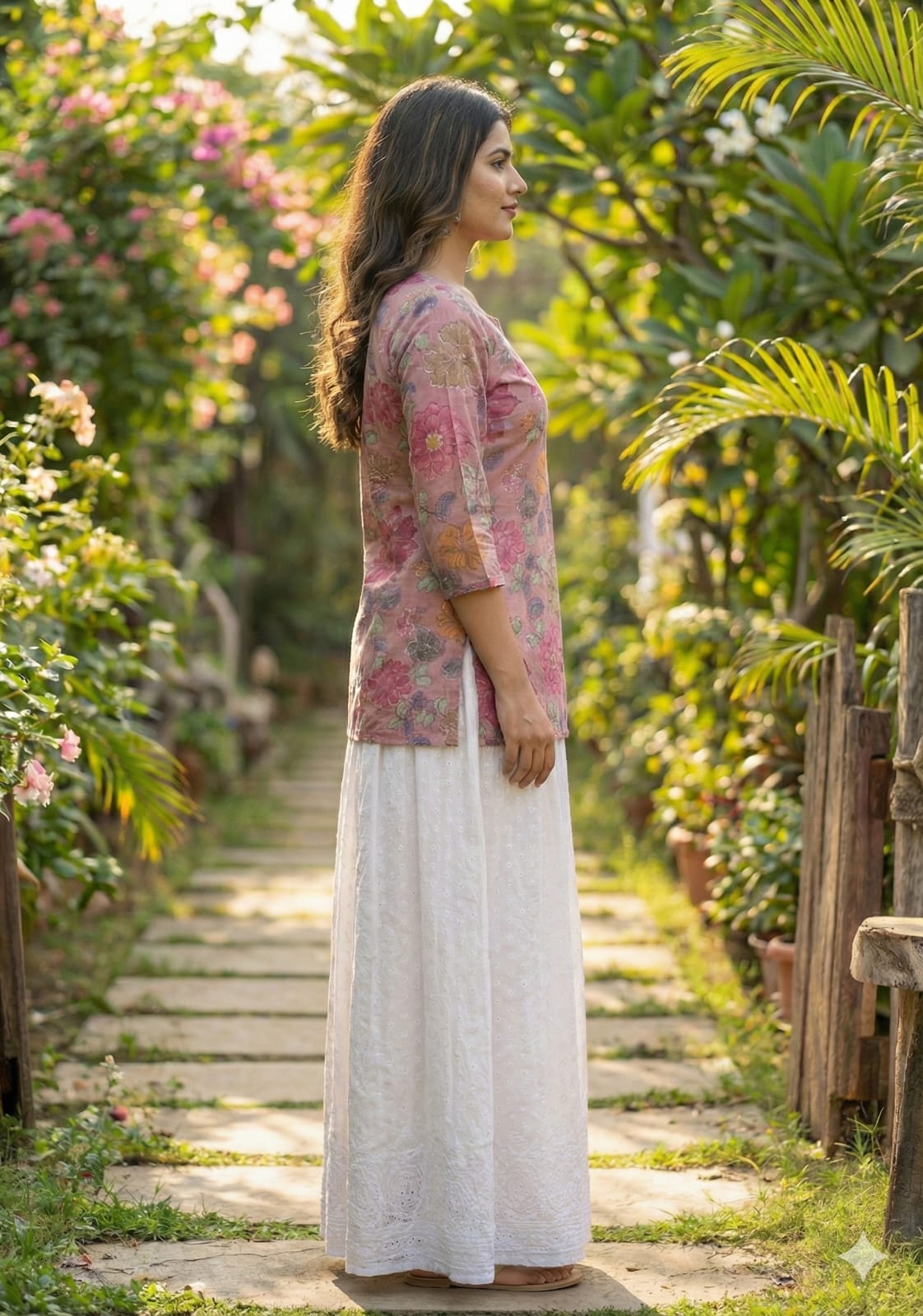 Women’s Spring Onion Floral Printed Cotton Kurta with Chikankari Flared Skirt Set