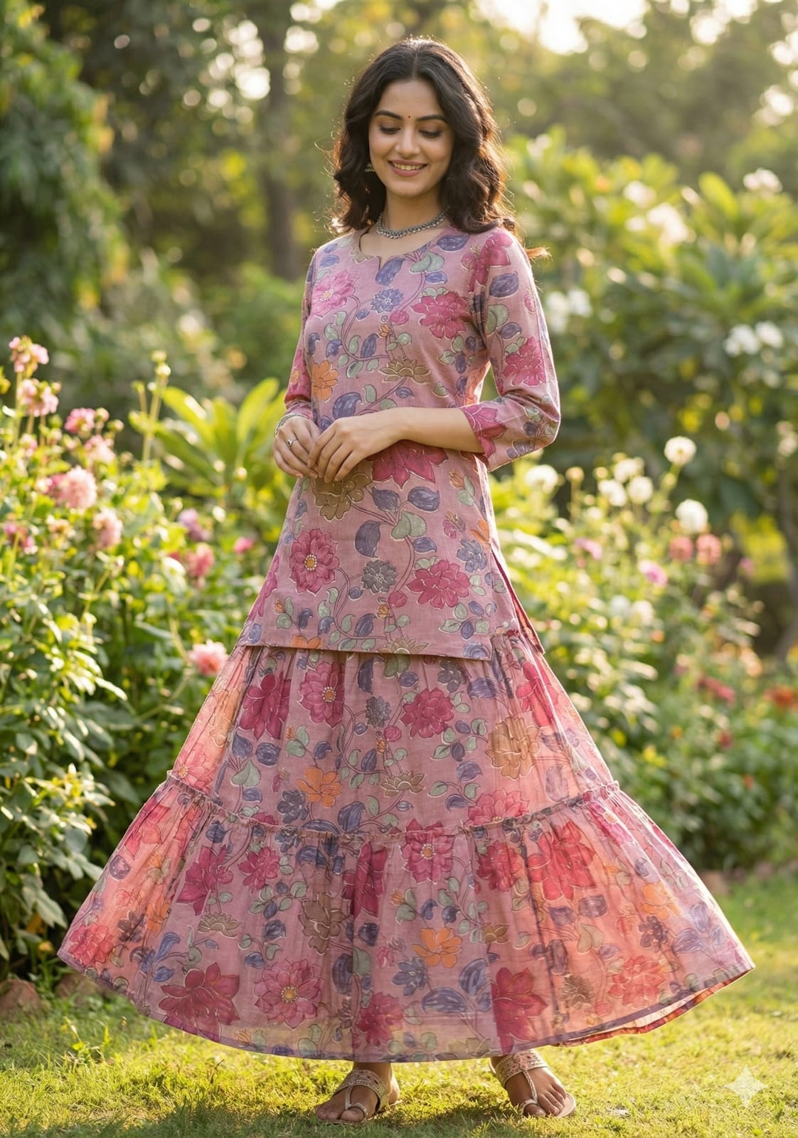 Women’s Spring Onion Floral Printed Cotton Kurta with Flared Skirt Set
