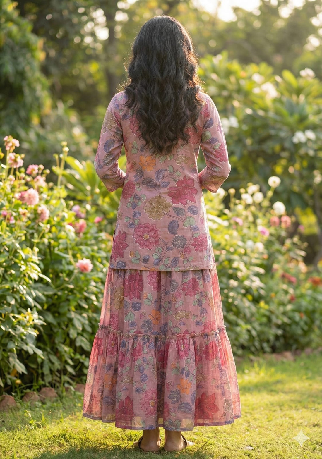 Women’s Spring Onion Floral Printed Cotton Kurta with Flared Skirt Set
