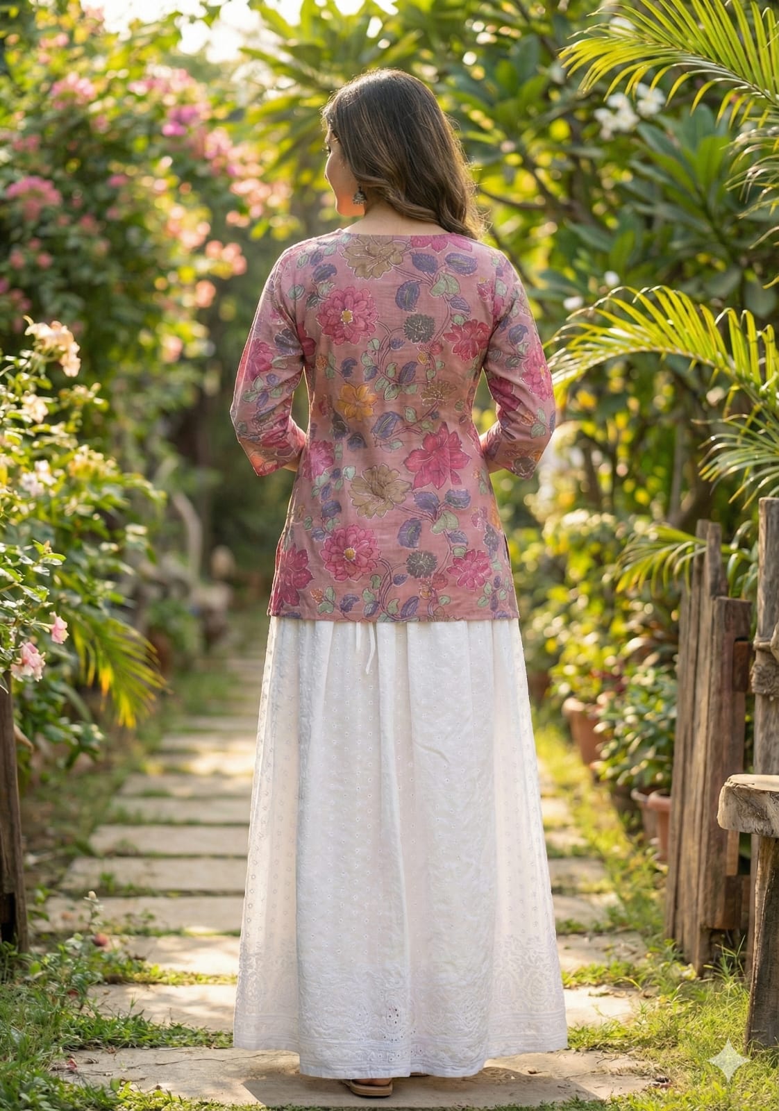 Women’s Spring Onion Floral Printed Cotton Kurta with Chikankari Flared Skirt Set