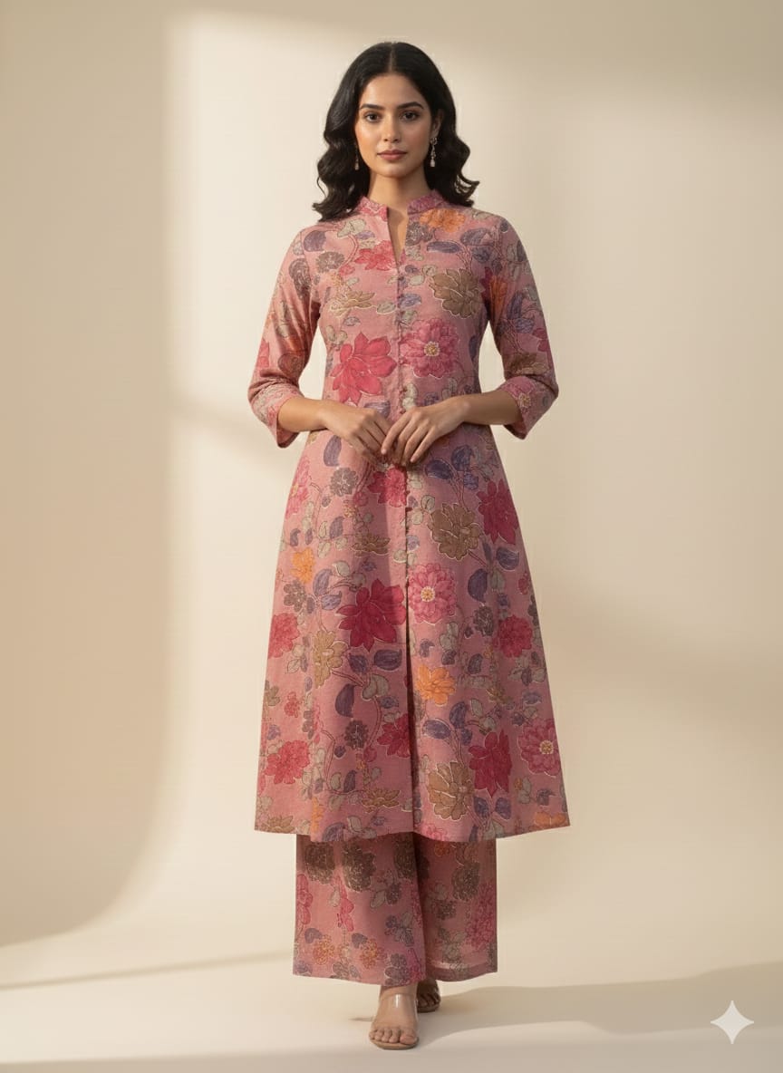 Women’s Pink Floral Printed Cotton Kurta Set with Straight Pants