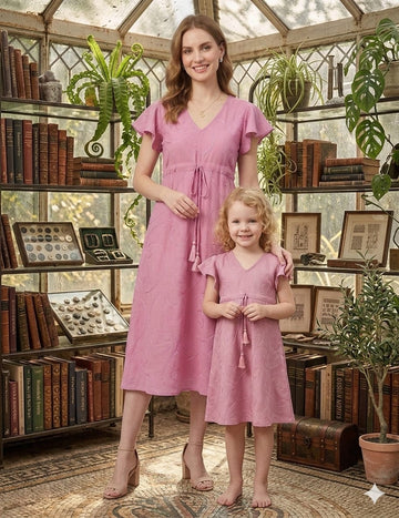 Mom & Me Spring Onion Rayon Umbrella Style A-Line Dress with Drawstring Waist