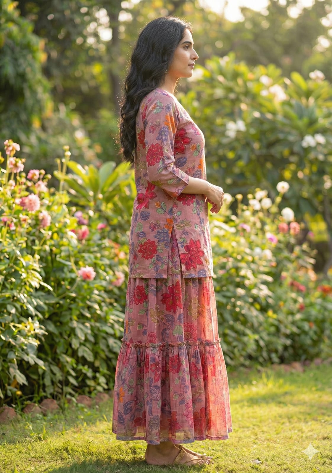 Women’s Spring Onion Floral Printed Cotton Kurta with Flared Skirt Set