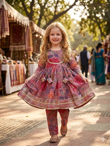 Baby Girl Spring Onion Floral Print Cotton Anarkali Kurta Set