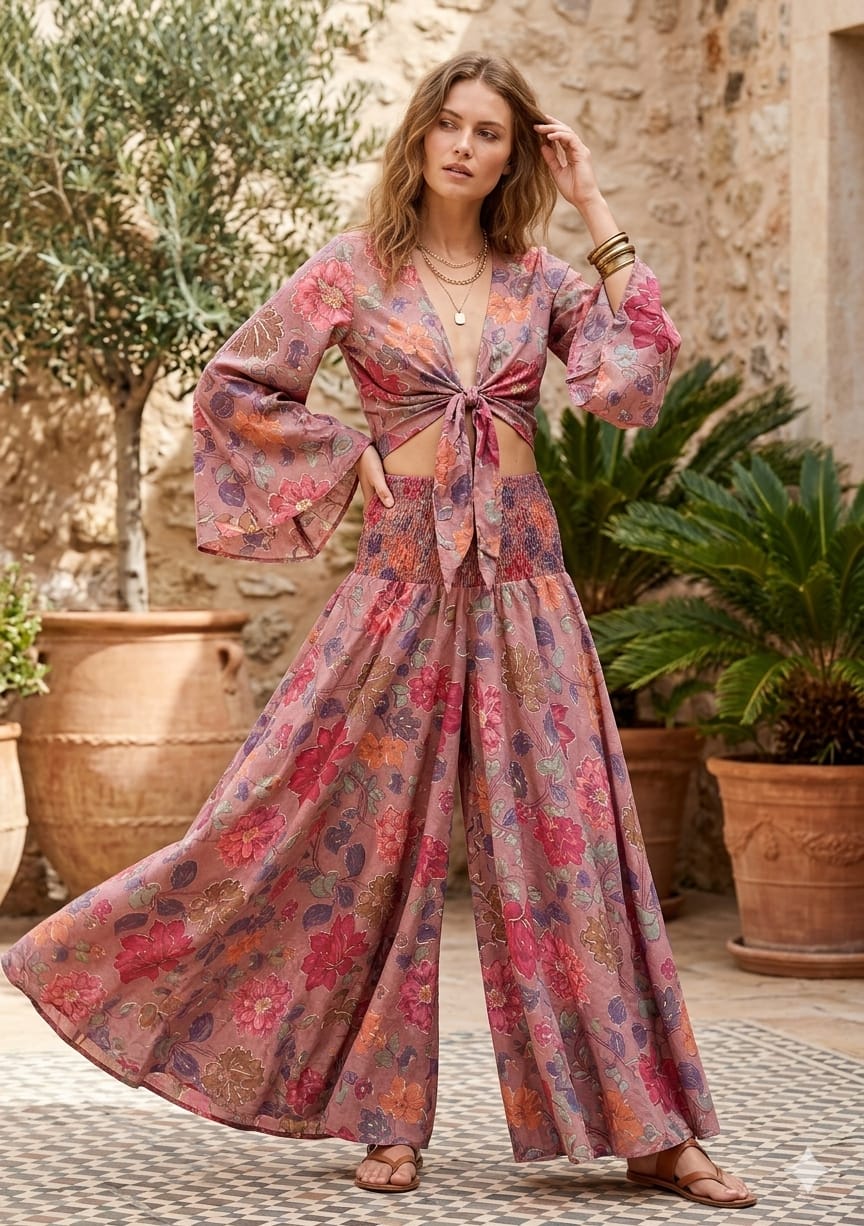 Women’s Spring Onion Printed Cotton Tie-Front Crop Top & Flared Palazzo Pant Co-ord Set