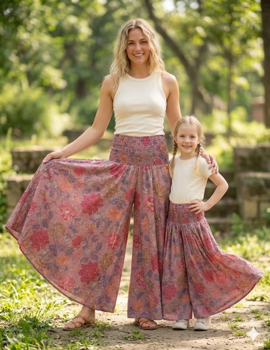 Mom & Daughter Spring Onion Floral Printed Cotton Flared Palazzo Pants with Smocked Waist
