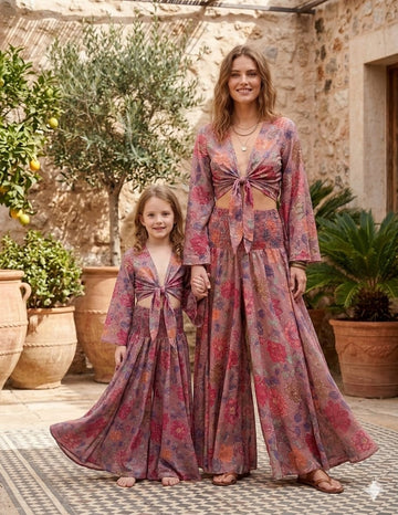Mom & Me Spring Onion Floral Printed Cotton Tie-Front Crop Top & Flared Palazzo Pant Co-ord Set