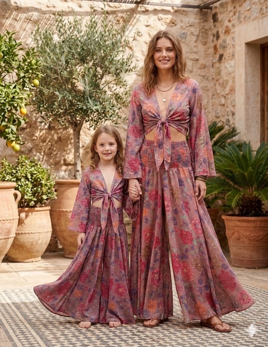 Mom & Me Spring Onion Floral Printed Cotton Tie-Front Crop Top & Flared Palazzo Pant Co-ord Set