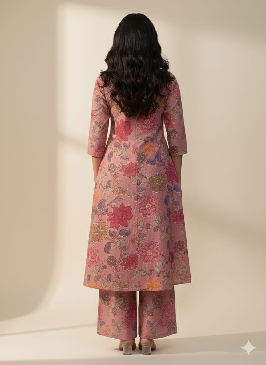Women’s Pink Floral Printed Cotton Kurta Set with Straight Pants