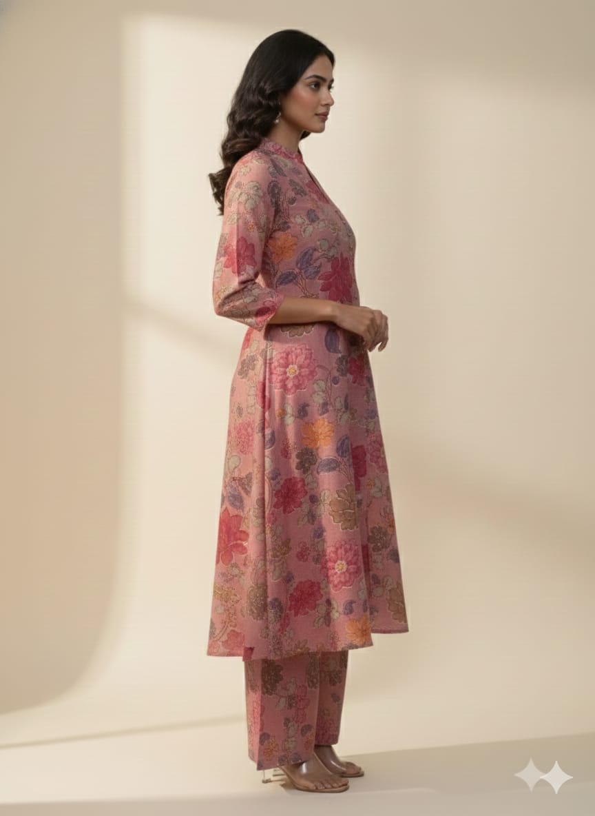 Women’s Pink Floral Printed Cotton Kurta Set with Straight Pants