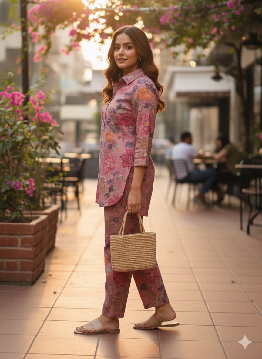 Women’s Pink Floral Printed Cotton Shirt & Pant Co-Ord Set