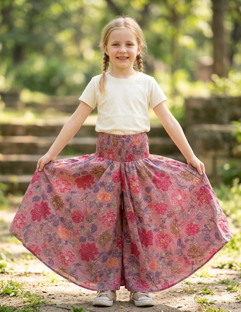 Baby Girl Spring Onion Floral Printed Cotton Flared Palazzo Pants with Smocked Waist