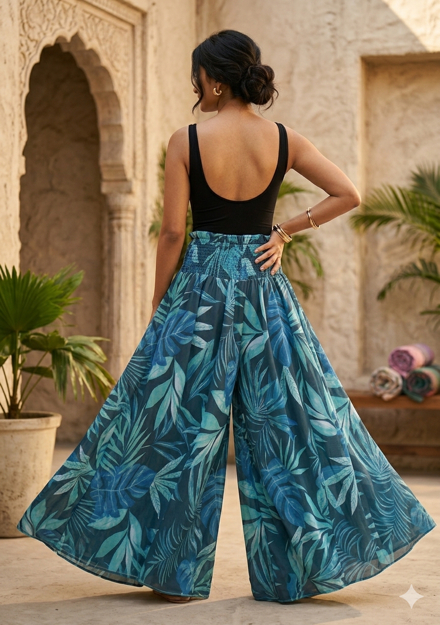 Women's Dark Teal Tropical Leaf Print High-Waist Smocked Palazzo Pants