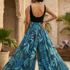 Women's Dark Teal Tropical Leaf Print High-Waist Smocked Palazzo Pants