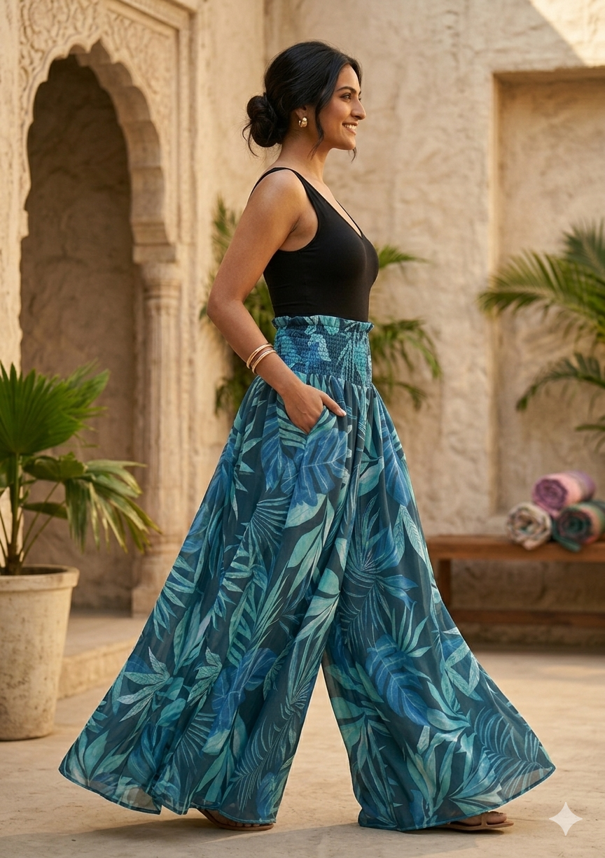 Women's Dark Teal Tropical Leaf Print High-Waist Smocked Palazzo Pants