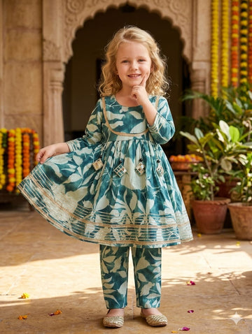 Baby Girl Teal Blue Leaf Print Cotton Anarkali Kurta Set