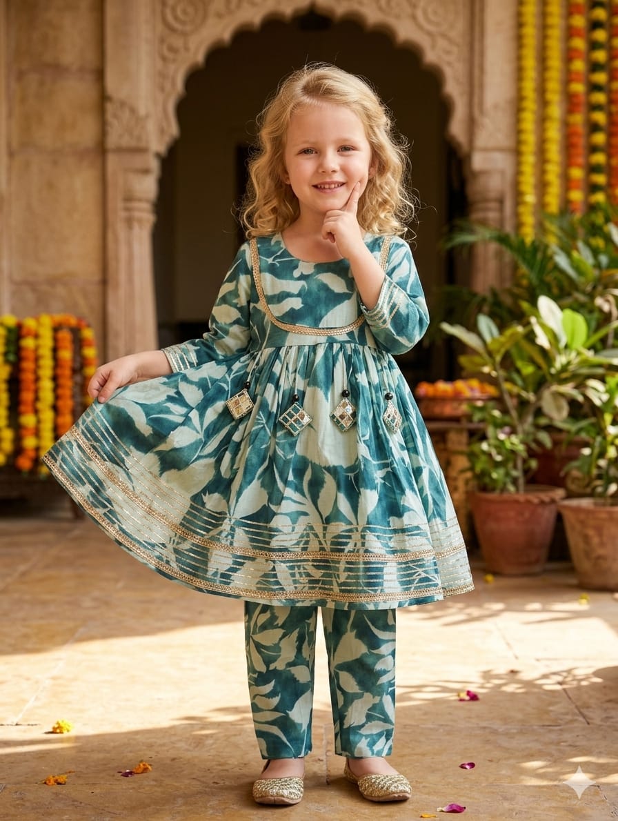 Baby Girl Teal Blue Leaf Print Cotton Anarkali Kurta Set