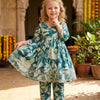 Baby Girl Teal Blue Leaf Print Cotton Anarkali Kurta Set