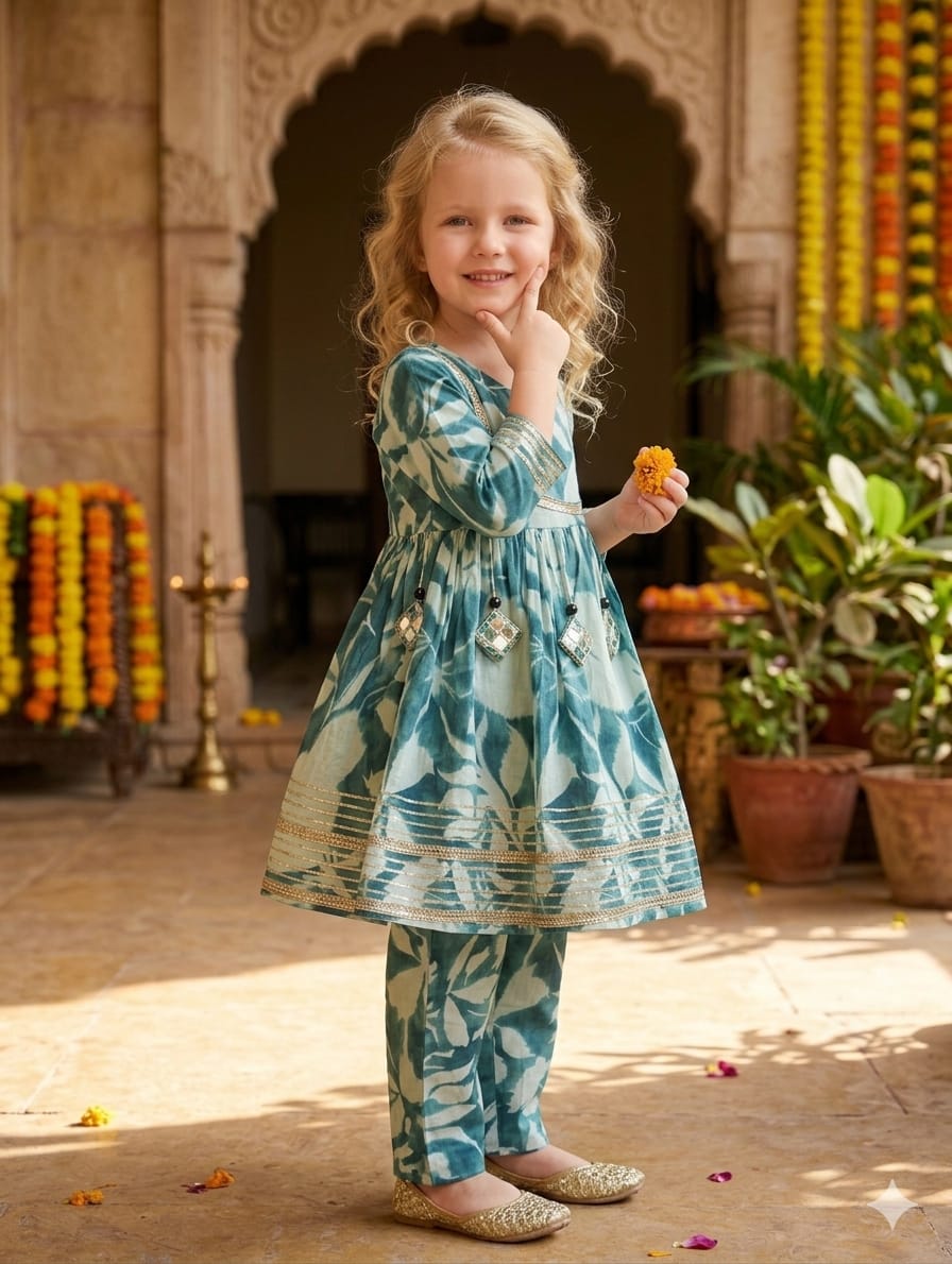 Baby Girl Teal Blue Leaf Print Cotton Anarkali Kurta Set