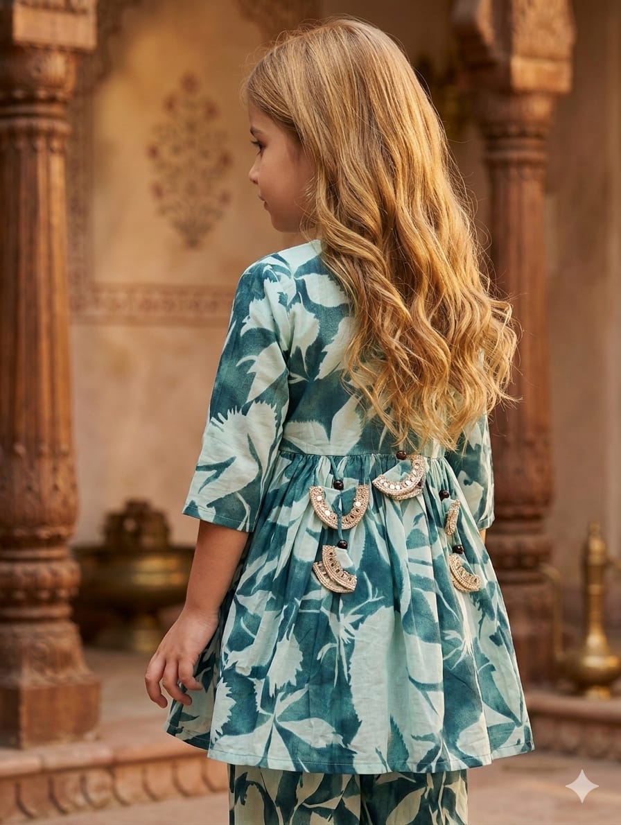 Baby Girl Teal Blue Leaf Print Cotton Anarkali Kurta Set
