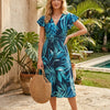 Women’s Teal Blue Leaf Printed Cotton Umbrella Style A-Line Dress with Drawstring Waist