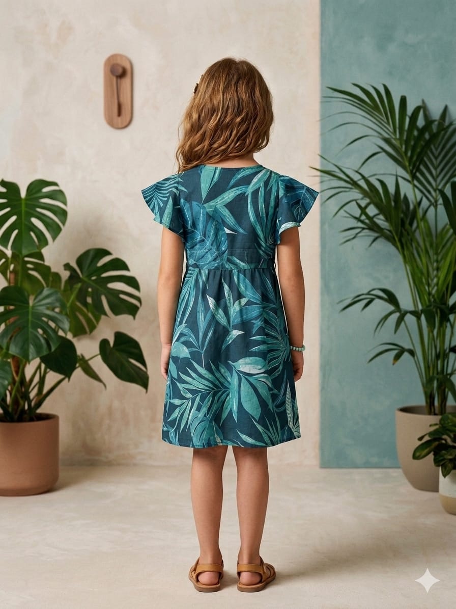Baby Girls Teal Blue Leaf Printed Cotton Umbrella Style A-Line Dress with Flutter Sleeves