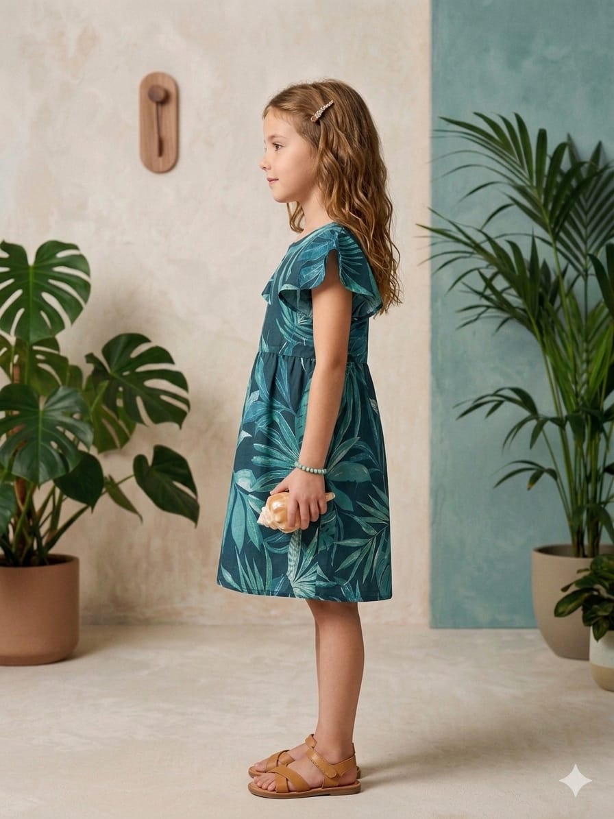 Mom & Me Teal Blue Leaf Printed Cotton Umbrella Style A-Line Dress with Drawstring Waist