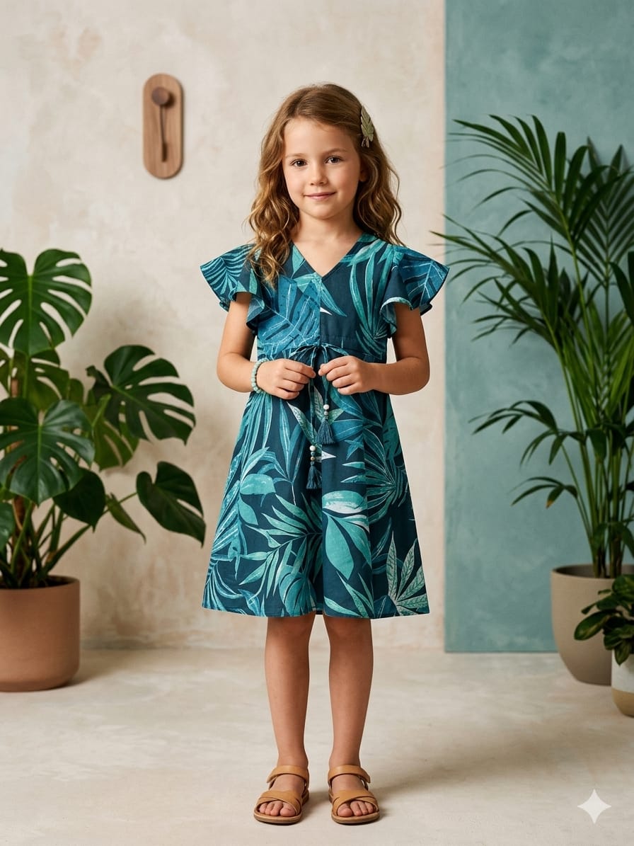 Mom & Me Teal Blue Leaf Printed Cotton Umbrella Style A-Line Dress with Drawstring Waist