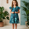 Baby Girls Teal Blue Leaf Printed Cotton Umbrella Style A-Line Dress with Flutter Sleeves