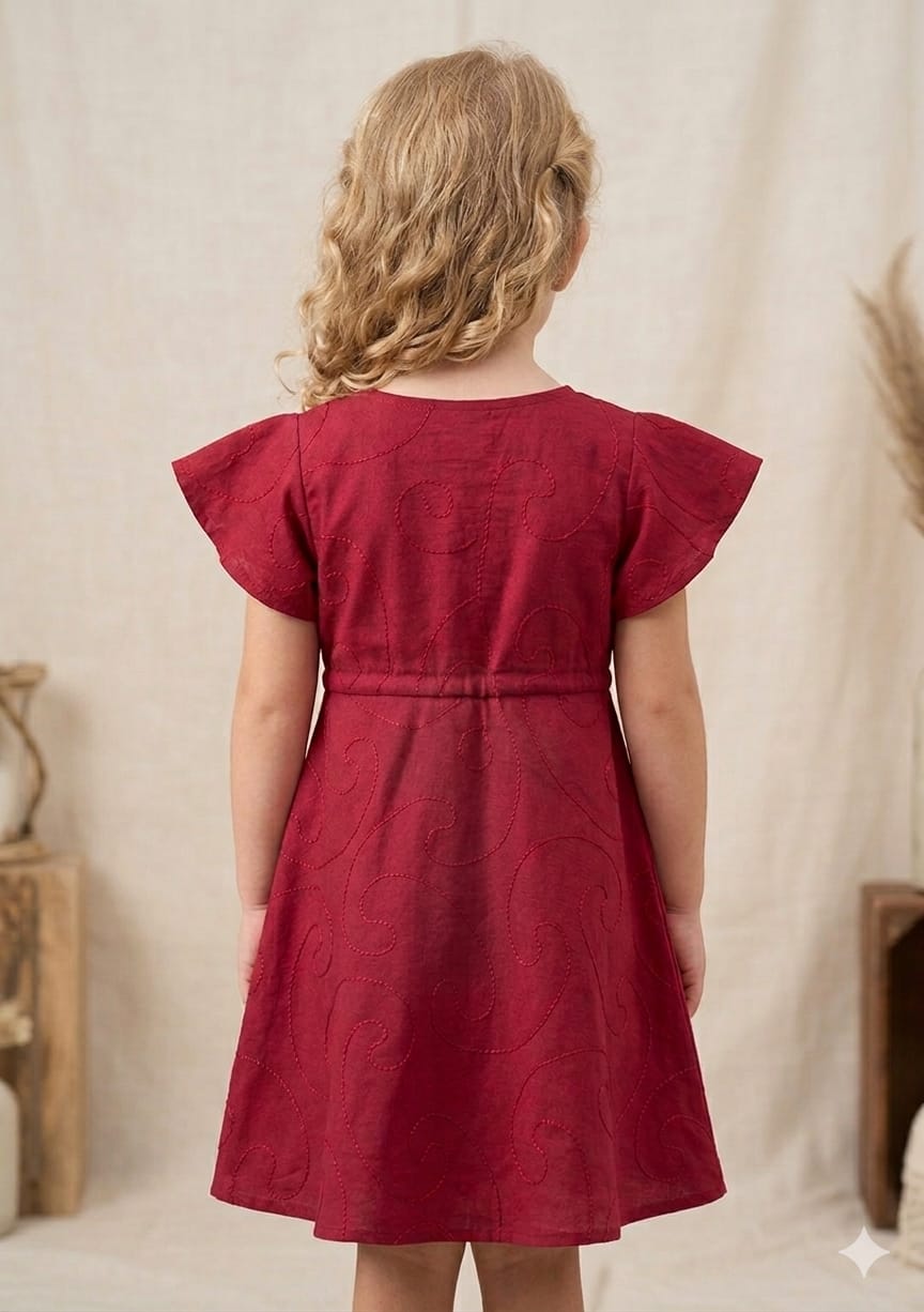 Baby Girls Maroon Rayon Umbrella Style A-Line Dress with Drawstring Waist