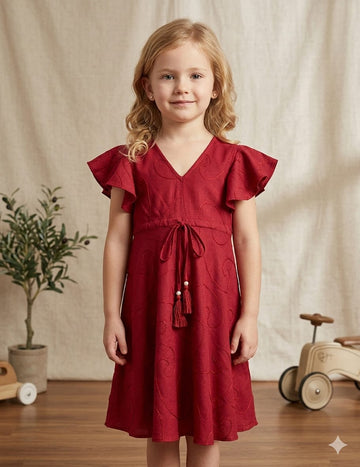Baby Girls Maroon Rayon Umbrella Style A-Line Dress with Drawstring Waist