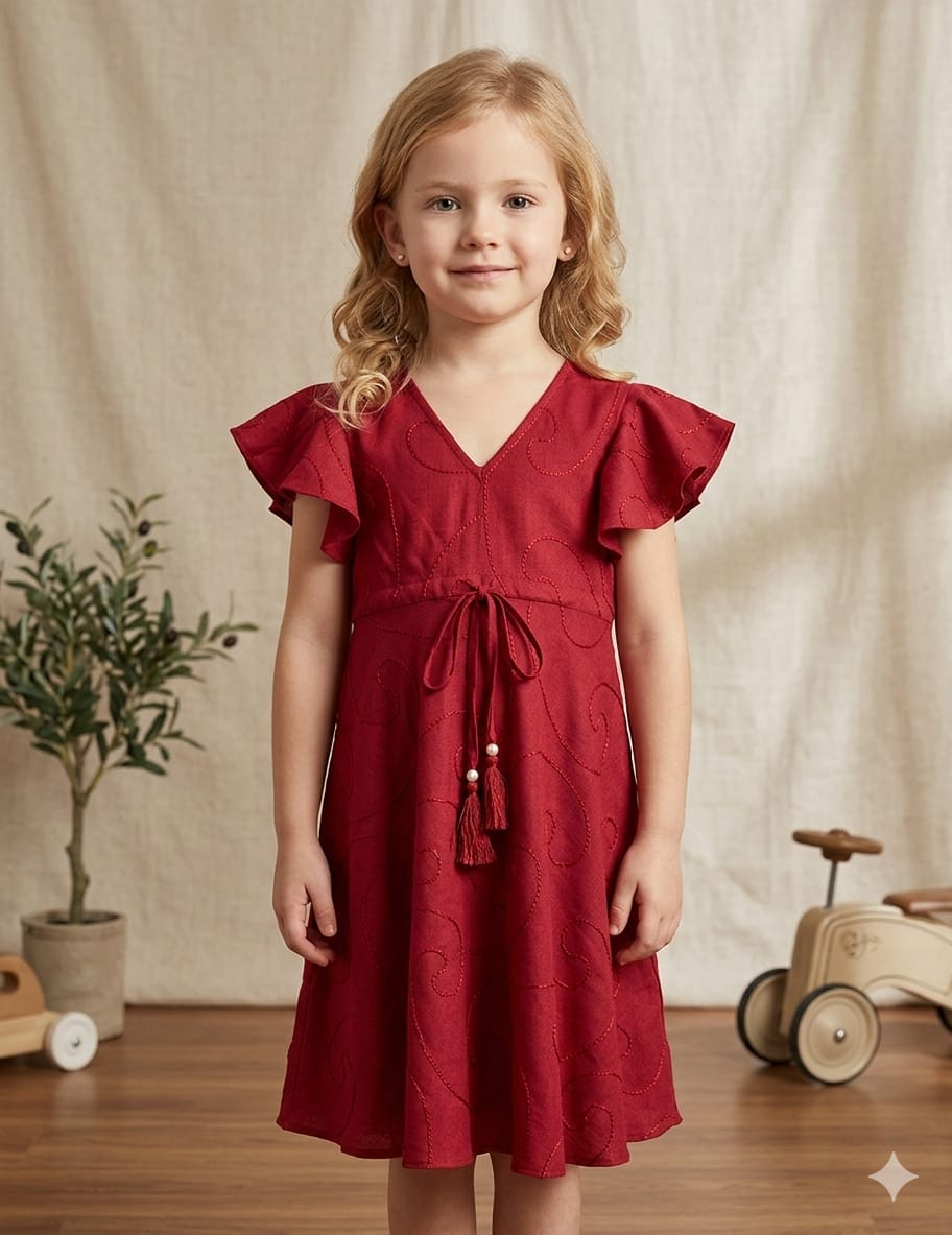 Baby Girls Maroon Rayon Umbrella Style A-Line Dress with Drawstring Waist