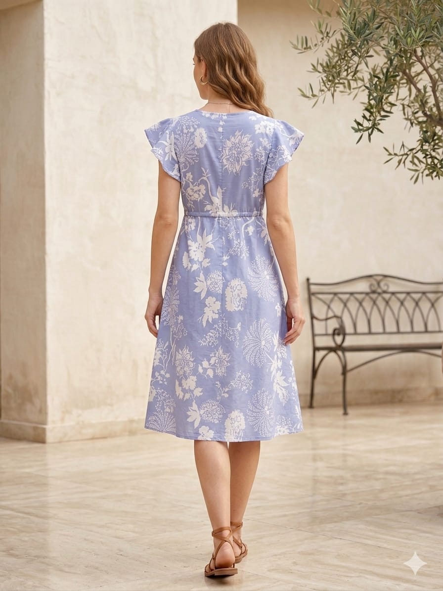 Women’s Floral Printed Cotton Umbrella Style A-Line Dress with Drawstring Waist