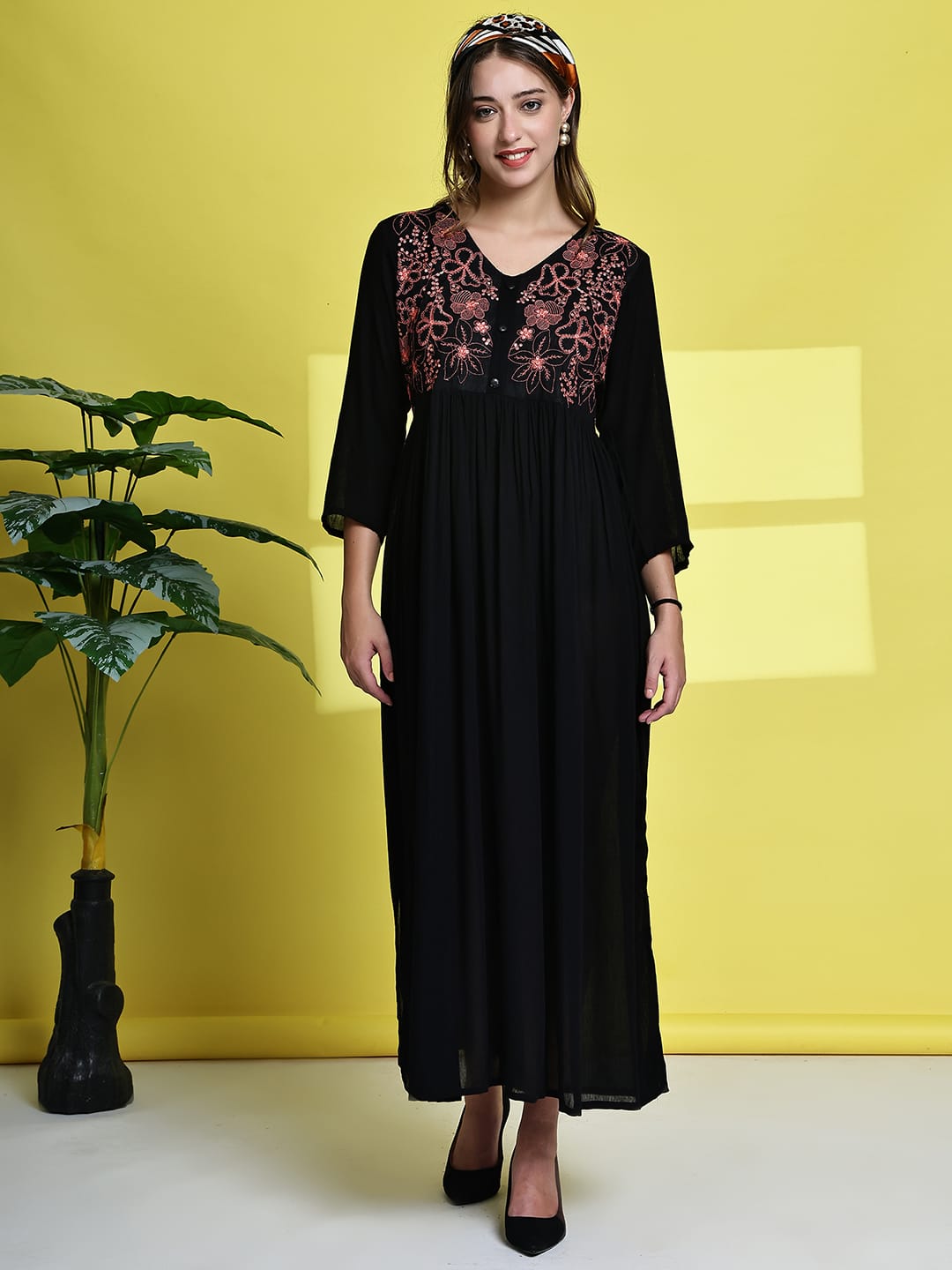 Aawari Black Rayon Crepe Embroidered Maxi Dresses