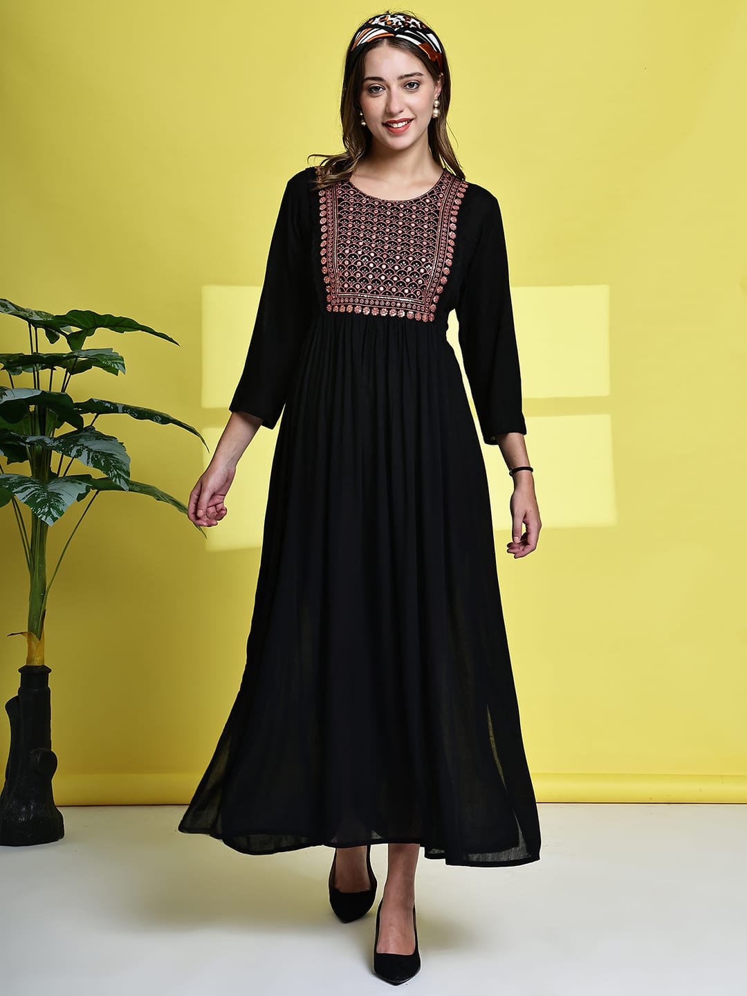 Aawari Women's Black Embroidered Maxi Dresses - Elegant Long Dress for Festive & Party Wear / Dresses / Western Wear