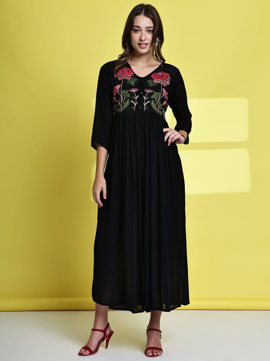 Aawari Black Rayon Crepe Floral Embroidered Long Dresses