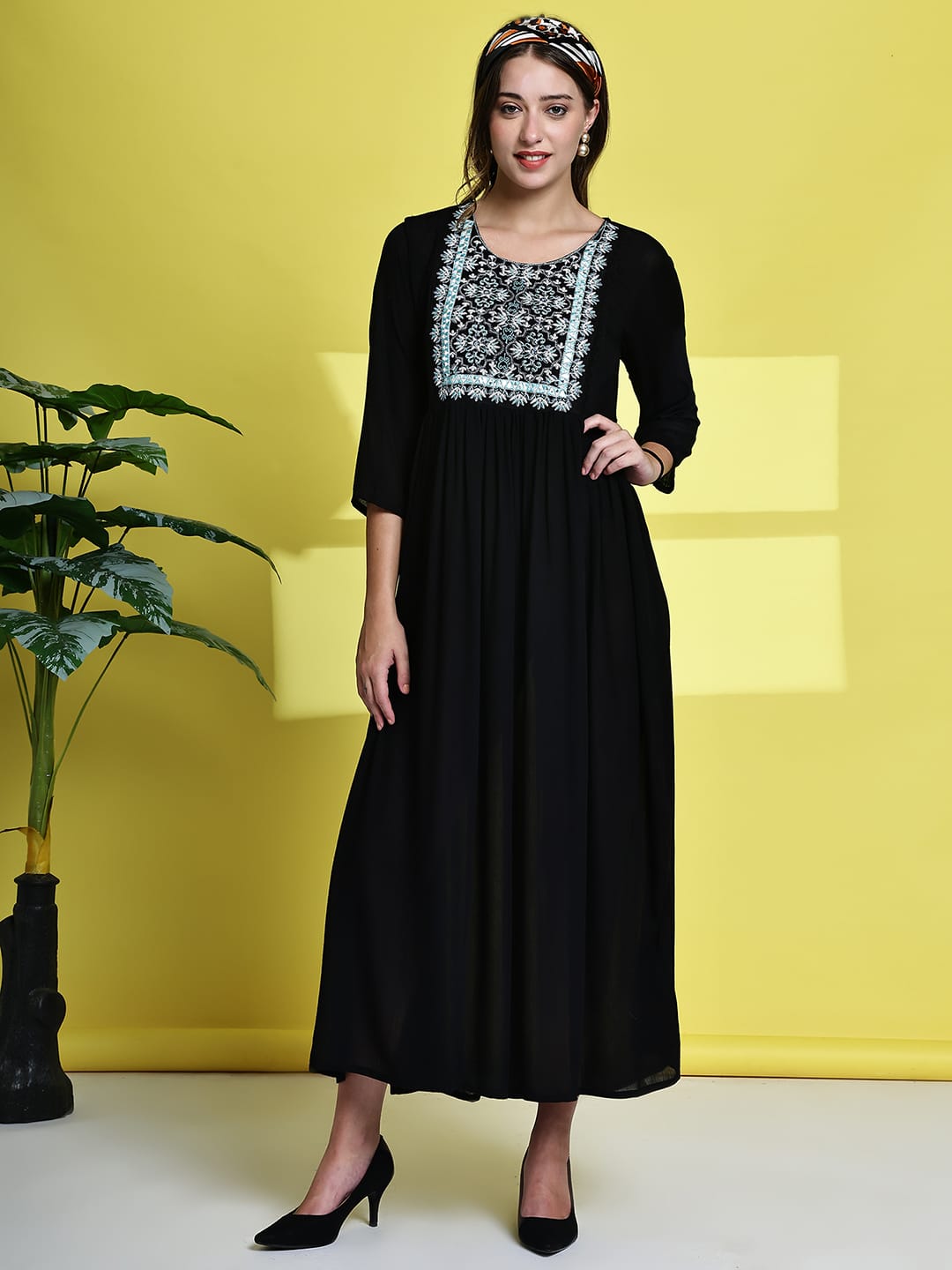 Aawari Women's Black Maxi Dresses with Blue Embroidered Yoke - Elegant Long Dress for Party & Festive Wear / Dresses / Western Wear