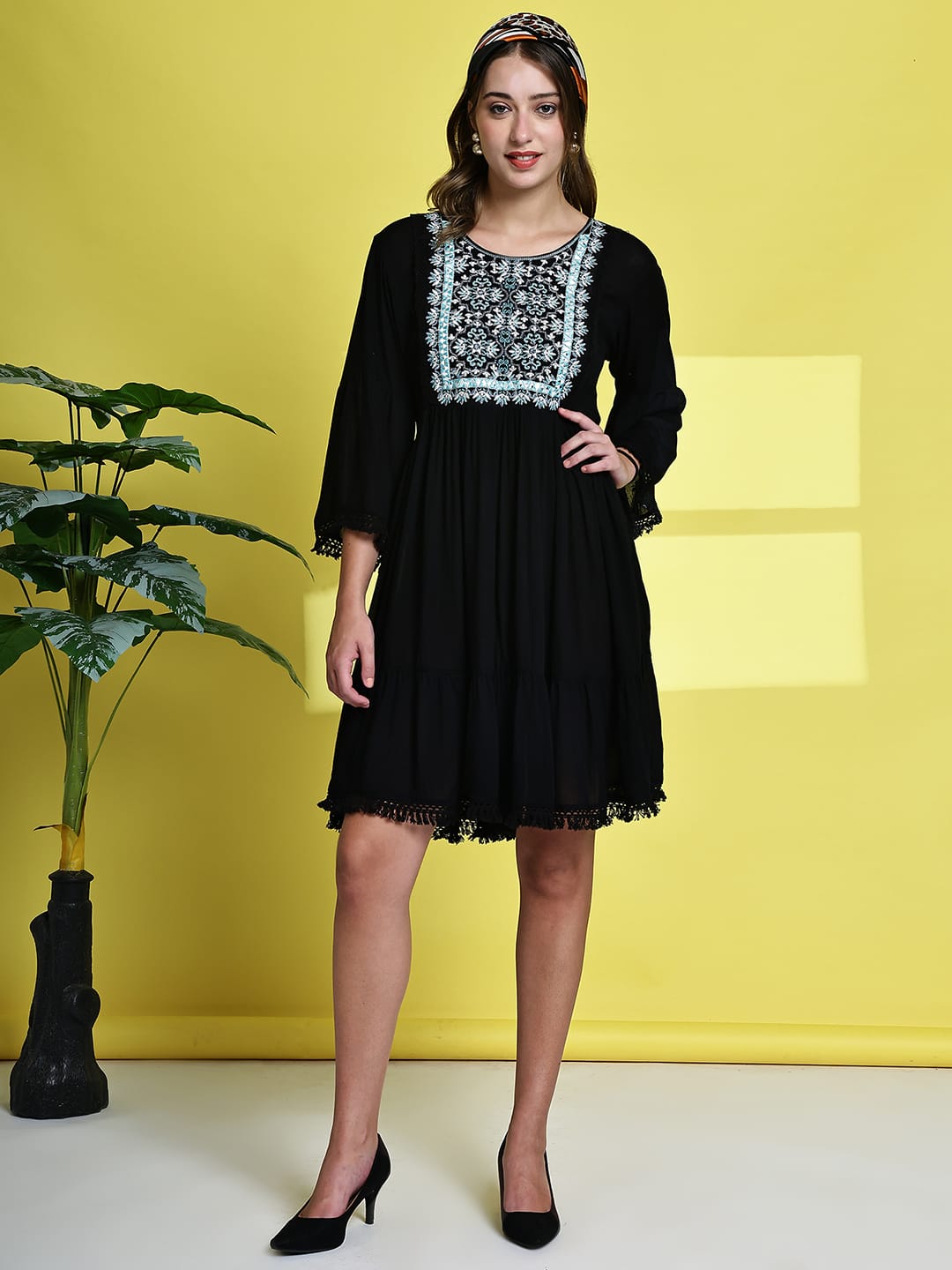 Aawari Black Short Dress with Embroidered Square Yoke - Midi Dress