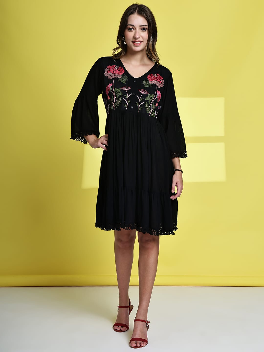 Aawari Black Rayon Crepe Short Party Wear Dress with Multicolor Floral Embroidered Yoke - Midi Dress