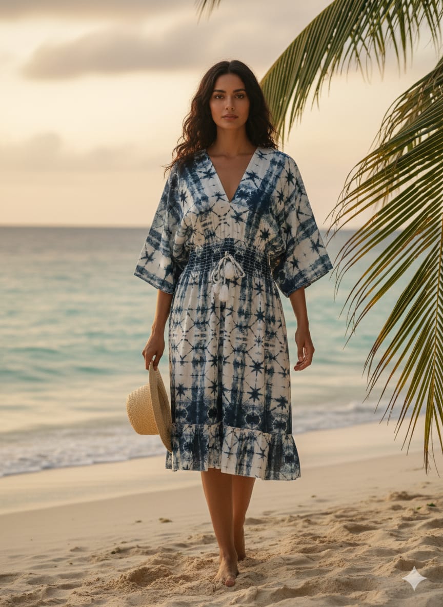 Blue & White Tie-Dye 100%Rayon Midi Dresses with Smocked Waist