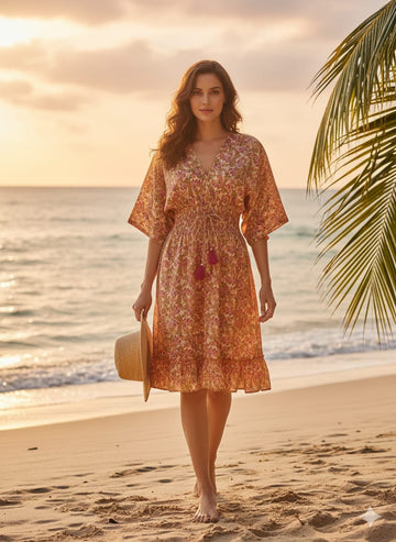 Peach Floral 100%Cotton Midi Dresses with Smocked Waist & Tassel Tie