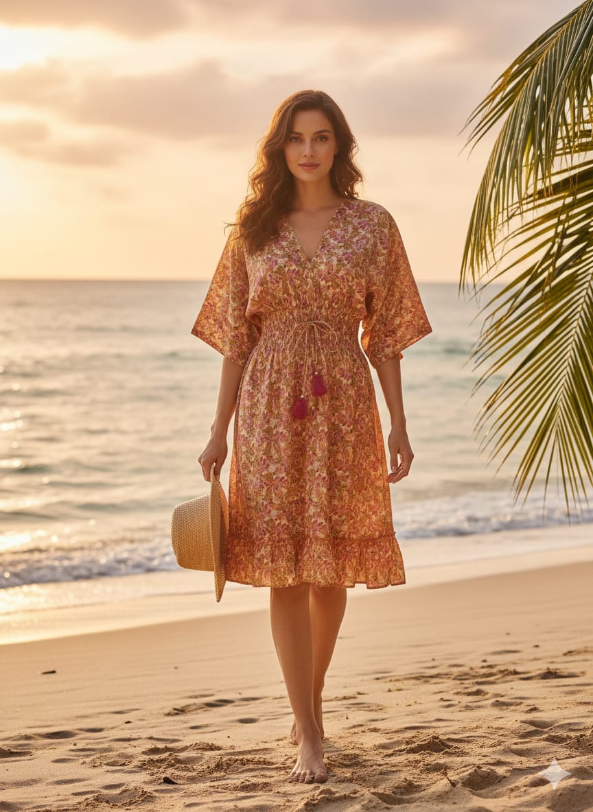 Peach Floral 100%Cotton Midi Dresses with Smocked Waist & Tassel Tie